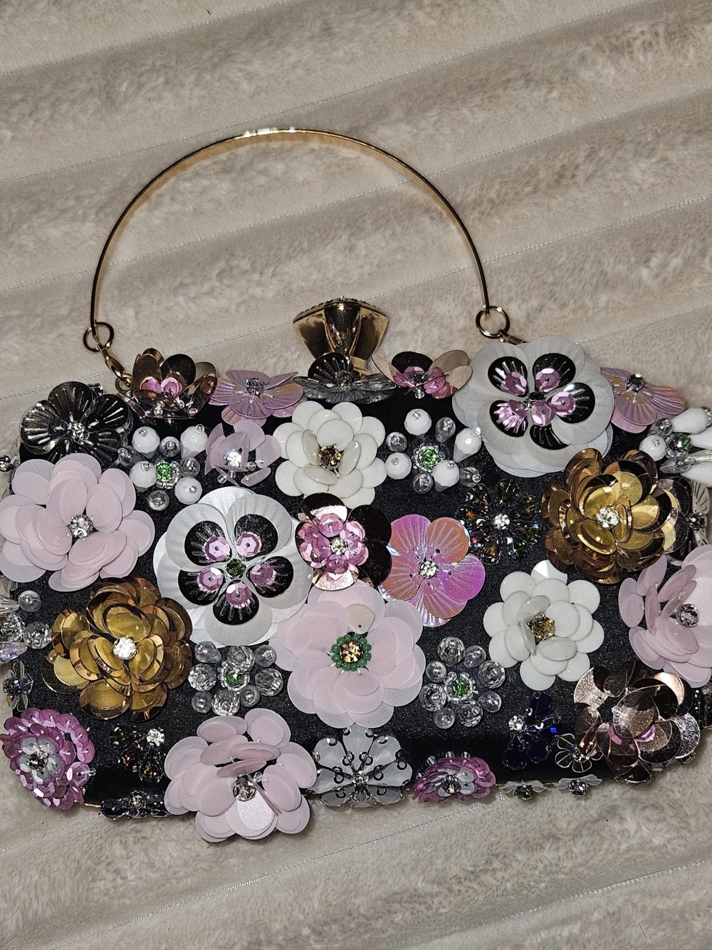 Floral Embellished Black Handbag with Pink & Gold Accents